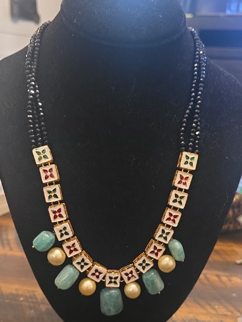 Double-Sided Pendant Necklace with Green Stone Accents